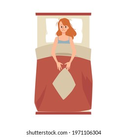 Young tired woman lying in bed suffers from insomnia, stress, depression or nightmare. Sleepless unhappy female character trying to fall asleep in night bedroom. Vector illustration