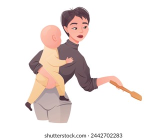 Young tired woman mother holding baby in her arms while cooking. Difficulties of motherhood, household chores, vector isolated cartoon illustration.