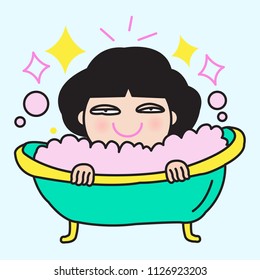 Young Tired Woman Resting And Pampering In A Bubble Bath Concept Card Character illustration