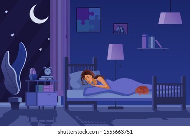 Young tired woman sleeping in bed covered with quilt. Student female sleep at night in dark bedroom interior cartoon flat vector illustration