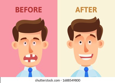 Junge zahnlose Menschen vor der Zahnbehandlung, Prothesen und glücklich nach der Behandlung. Zahnimplantate, Klinik, Zahnpflege.  Vektorillustration, flaches Design, Cartoon-Stil, isolierter Hintergrund.