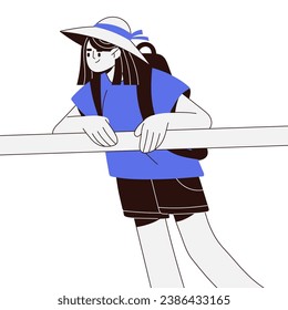 Young tourist with backpack travel on holiday. Teen traveler looking down, lean on rail. Girl explorer in summer hat on walk, stroll. Monochrome flat isolated vector illustration on white background