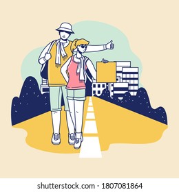 Young tourist with a backpack walking and join to beautiful destination