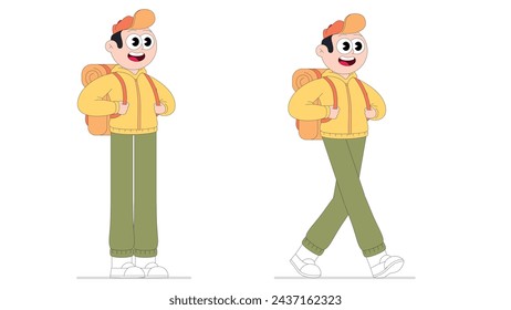 Young tourist boy with backpack in standing and walking pose, vector illustration.