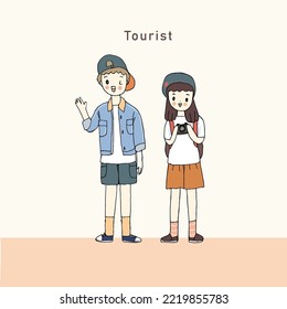 Young tourist characters. Traveling on vacation trip after covid-19 virus was diminish. Vacation people isolated vector. Summer character, woman and man, freehand drawn style vector.