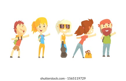 Young Tourist Characters Wearing Comfy Outfit Vector Illustrations
