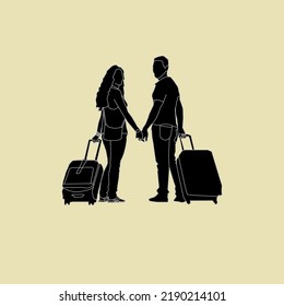 Young tourist couple traveling and carrying suitcase while walking in silhouette illustration