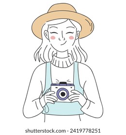 A young tourist girl in hat holding a camera in hands and smile. Vector flat illustration for website or ui ux design. Wanderlust Adventure Concept
