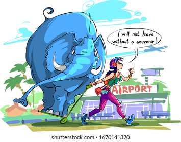 A young tourist girl is taking a live elephant to the airport as a souvenir