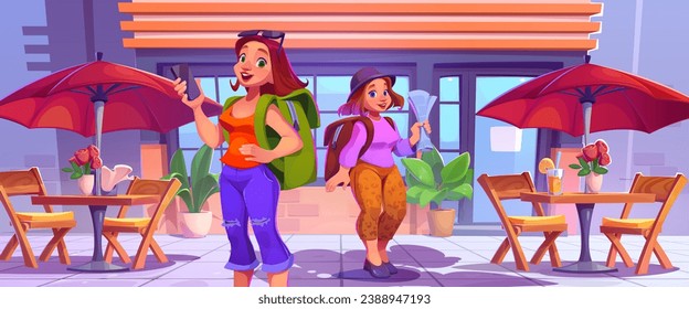 Young tourist girls at entrance to street cafe with drinks on tables, chairs and umbrellas. Cartoon vector illustration of sunny summer day in city. Happy women on outdoor terrace of restaurant.