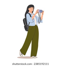 Young tourist holding camera and taking photo during sightseeing. Woman shooting at trip. Travel photographer. Flat vector illustration of female traveler isolated on white background