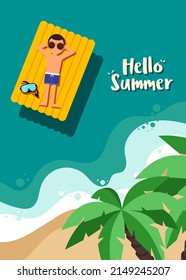 A young tourist lay down on inflatable raft in the sea. Summer time and happy holiday concept flat design style. Can be used for print, brochure, backdrop, leaflet, flyer, banner, vector illustration