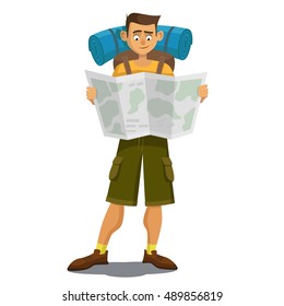Young tourist is looking at map. White background. Vector illustration.