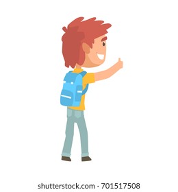 Young tourist man with backpack standing with a sign hitchhiking and raised his thumb up, travelling by autostop cartoon vector Illustration