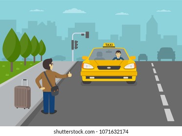 Young tourist man with luggage calling taxi. Catching on the city street. Front view. Flat vector illustration template.