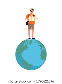 joven turista leyendo el mapa en el planeta Tierra diseño de ilustraciones vectoriales
