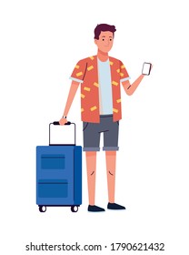 joven turista con maleta usando el diseño de ilustraciones vectoriales de caracteres de smartphone