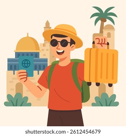 Young tourist man in sunglasses holding a suitcase, surrounded by Israel travel icons and architecture.