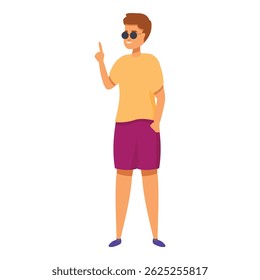 Young tourist is pointing up with his finger while wearing sunglasses