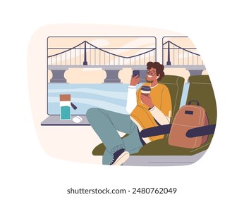 Young Tourist Relaxing On Train With A Coffee And Smartphone. Scenery Outside The Window Includes A Bridge Over Water