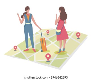 A young tourist spreads a map and asks a young woman who lives in the city where she traveled to the locations in the city according to their location. vector illustration flat design