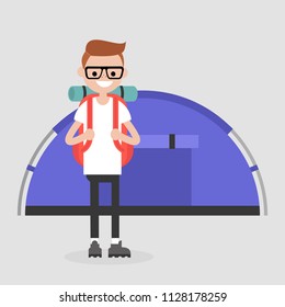 Young tourist standing near by the tent. Backpacker. Travel. Flat editable vector illustration, clip art