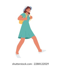 Young Tourist Woman Character Walking With Backpack Isolated on White Background. Image For Travel-related Content And Evokes The Sense Of Adventure And Exploration. Cartoon People Vector Illustration