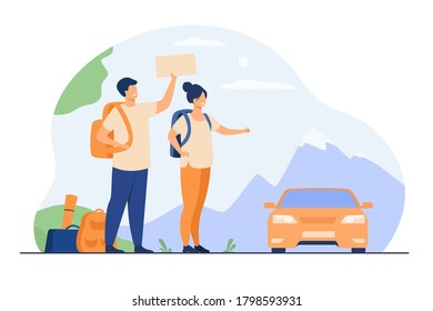 Young tourists with backpacks standing near road and hitchhiking isolated flat vector illustration. Cartoon happy couple thumbing to car. Vacation, road trip and adventure travel concept