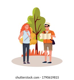 young tourists couple with paper map characters vector illustration design