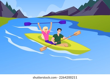 Young tourists couple traveling on kayak boat flat vector illustration. Kayaking adventure scenery background. Traveling and sport activity in nature concept.