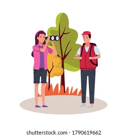 young tourists couple using binoculars characters vector illustration design