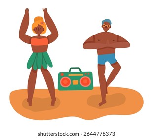 Jovens turistas que desfrutam de férias de verão na praia estão praticando ioga e dançando alegremente para as músicas de uma boombox vintage, abraçando o espírito despreocupado das férias