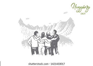 Young tourists enjoying view, men and women hugging, active recreation in mountains, fir tree forest, landscape tourism. Friends group on hiking trip concept sketch. Hand drawn vector illustration