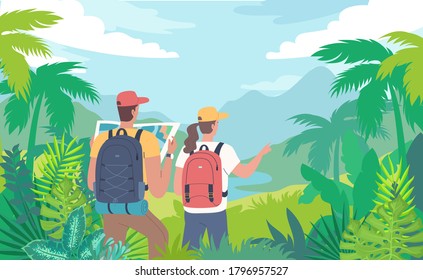 Young tourists travelling through the jungle forest vector illustration 