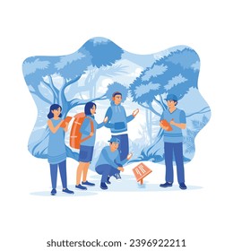 Young tourists are trekking in the forest with a guide. Using a smartphone during a trip in the forest. Tourist Guide concept. trend modern vector flat illustration