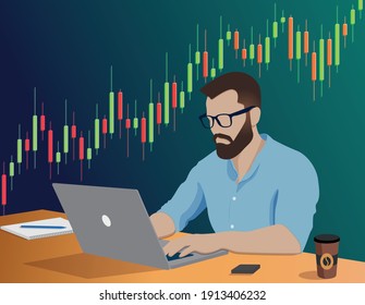 Young trader working focused on a laptop. Personal finance investment and stock trading. Trading graphics on background.