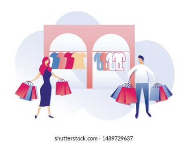 Young Traditional Couple, with Hands Full Paper Colored Shopping Bags in Childrens Store, Offering Spring Summer Season Apparel for Newborn and Kids Like Dresses, Shirts and Romper suits.