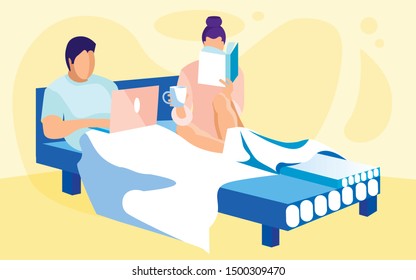 Young Traditional Couple, Spending Time In Bed With Comfortable Mattress Before Falling Asleep. Man With Laptop, Surfing Internet. Woman, Reading Bedside Book With Cup Herbal Tea Or Warm Milk.