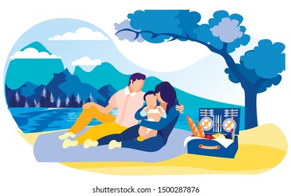 Young Traditional Family with Toddler Boy on Junket in Country. Mother, Holding Kid. Husband with His Hand Around Wifes Shoulder. Picnic Basket. Scenic Mountain Lake or River Sandy Shore.