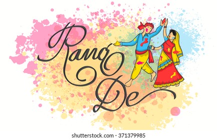 Young traditional Indian couple dancing while playing colors and saying Rang De (Color Me) on occasion of Indian festival, Happy Holi celebration.