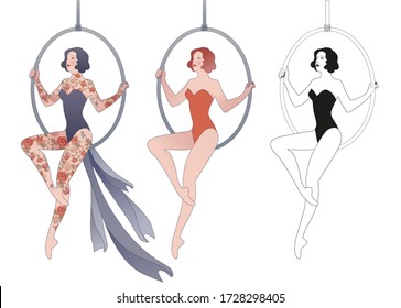 Young trapeze artist sitting on a hoop suspended in the air isolated on white background. Three versions, tattooed, red suit and black and white. Retro style.