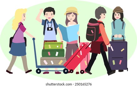 Young with a travel bag. Vector illustration
