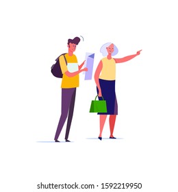 Young traveler with backpack holding map. Man asking passerby way and senior woman showing direction flat vector illustration. City exploration concept for banner, website design or landing web page