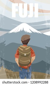 Young traveler with backpack in Japan. Travel Around the world. Cartoon style. Vector illustration.