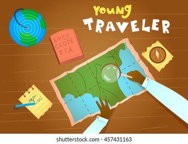 Young traveler boy reading map. Vector illustration of  African American pupil with magnifier, map, pen, globe etc. Back to school concept. Educational banner.