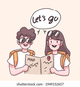 Young traveler couple checking map before has journey together in cartoon character, flat vector illustration