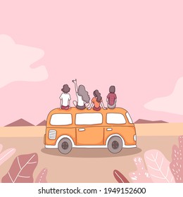 Young traveler girl group sitting on van during travel in nature park, cartoon character style flat vector illustration