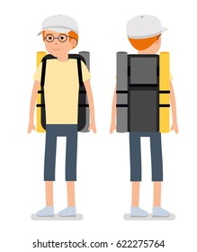 Young traveler with the glasses, a baseball cap and with a backpack. Behind the front fork and rear view. Man character creation set. Flat style illustration