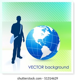 Young Traveler with Globe on Vector Background Original Illustration