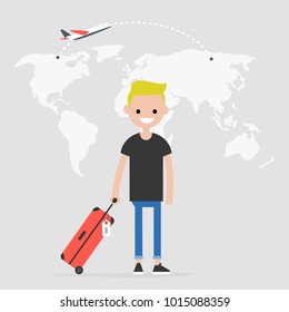 Young traveler holding a cabin luggage. Flight. Destination. Tourism. World map. Flat editable vector illustration, clip art